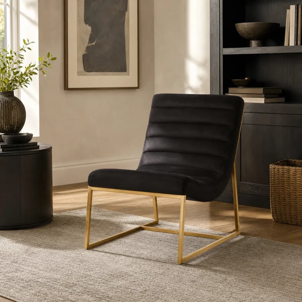 Vogue Black Velvet and Gold Curving Profile Lounge Chair - Seating, photo 1 of 8