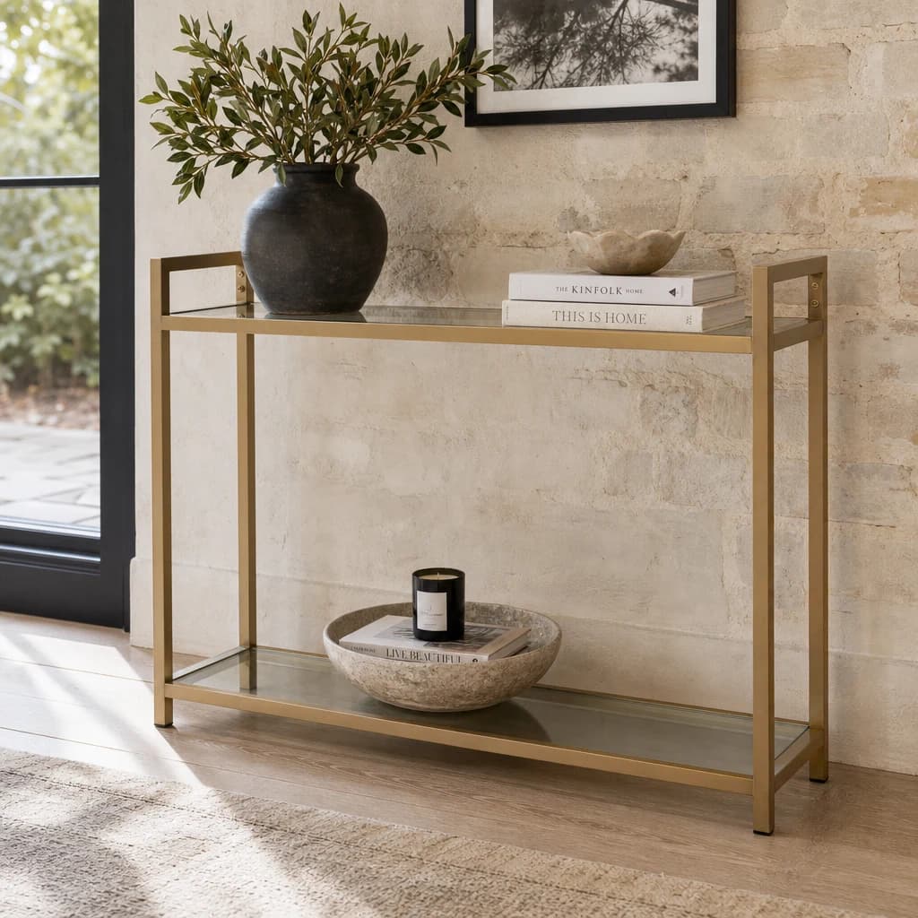 Vogue 2 Tier Glass Console Table with Matt Gold Frame - Tables, photo 1 of 8
