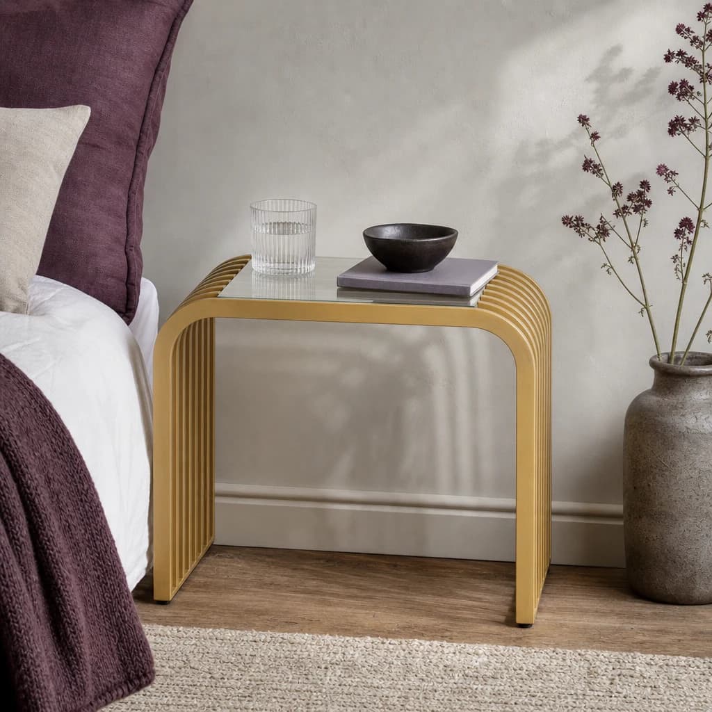 Vogue Glass Top and Matt Gold Slatted Side Table - Tables, photo 1 of 8