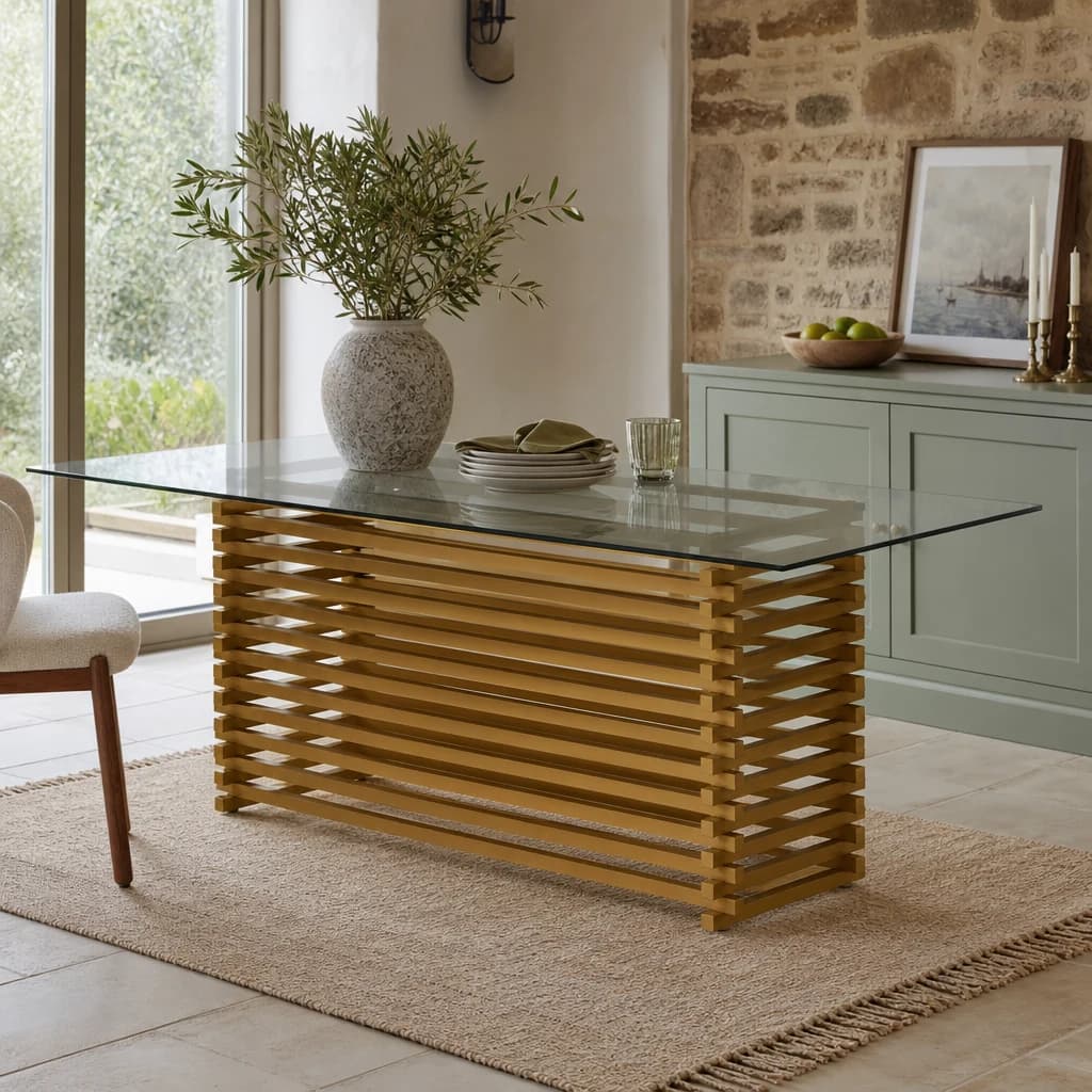 Vogue Rectangular Glass Dining Table with Matt Gold Base - Tables, photo 1 of 7