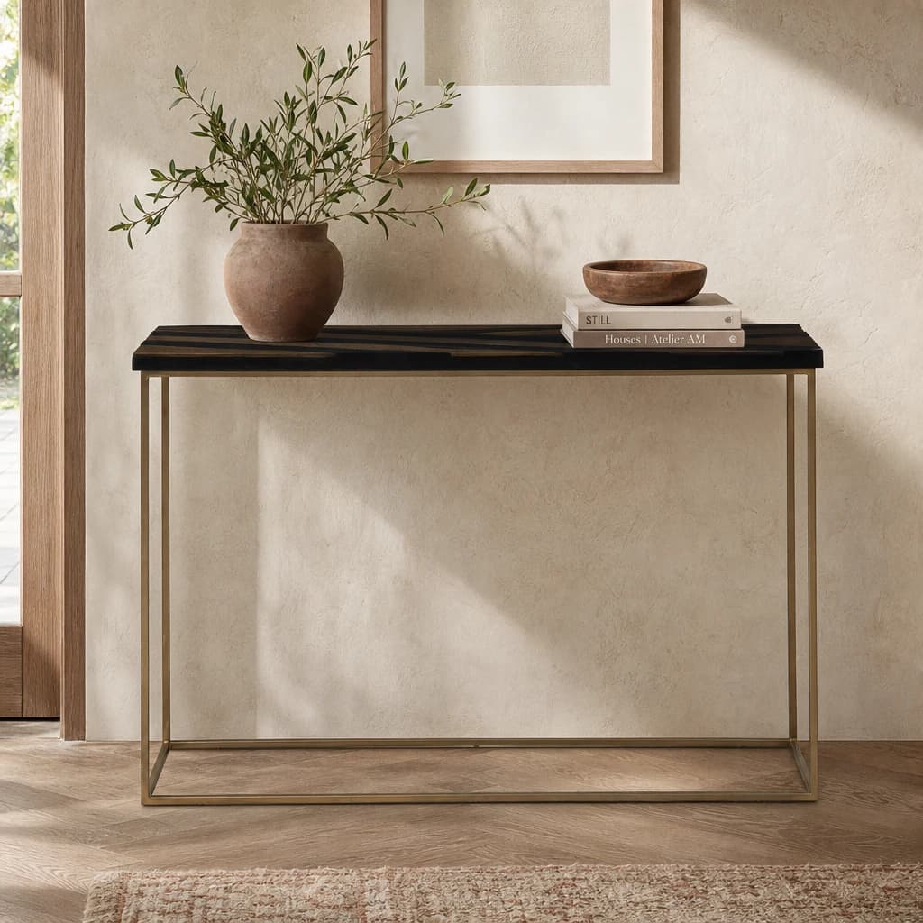 Aris Black Acacia Wood with Gold Inlay Console Table - Tables, photo 1 of 8