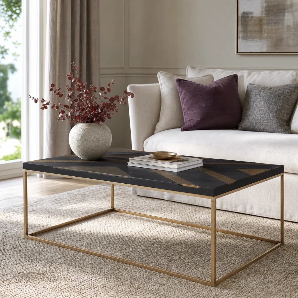 Aris Black Acacia Wood with Gold Inlay Coffee Table - Tables, photo 1 of 8
