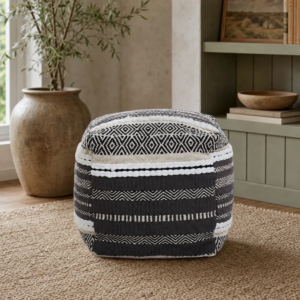 Cefena Grey And White Textured Pouffe - Decorative, photo 1 of 7