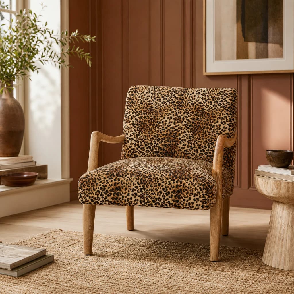 Cefena Leopard Print and Mango Wood Chair - Seating, photo 1 of 8