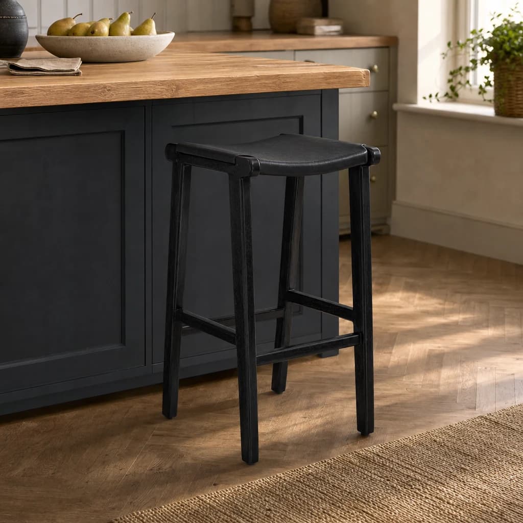 Kendari Black Leather and Teak Barstool - Seating, photo 1 of 7