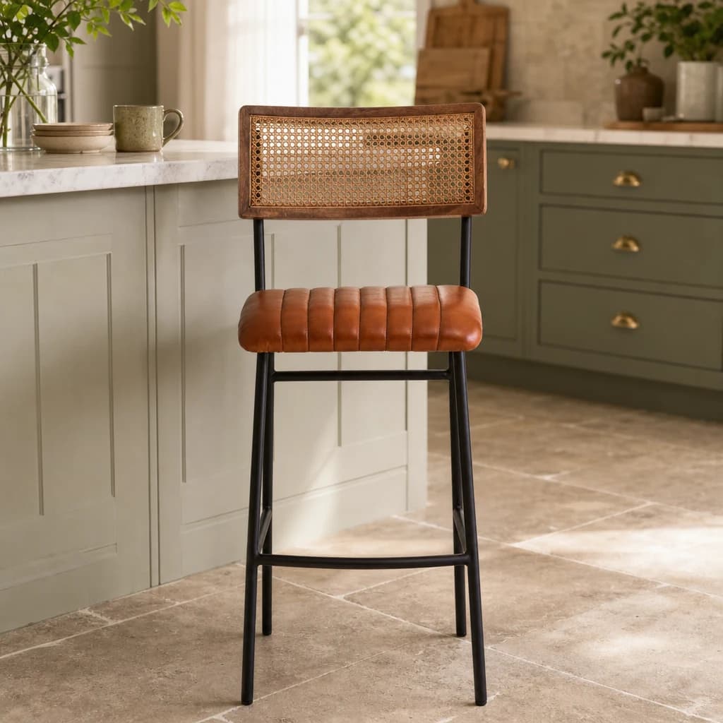 Buffalo Tan Leather and Rattan Bar Chair - Seating, photo 1 of 8