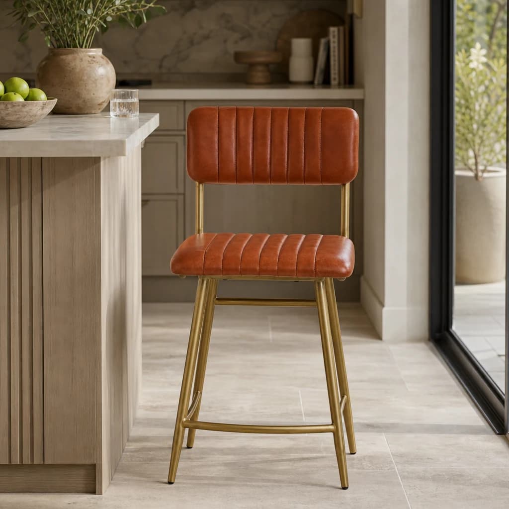 Buffalo Tan Leather Bar Chair With Gold Finish Frame - Seating, photo 1 of 8