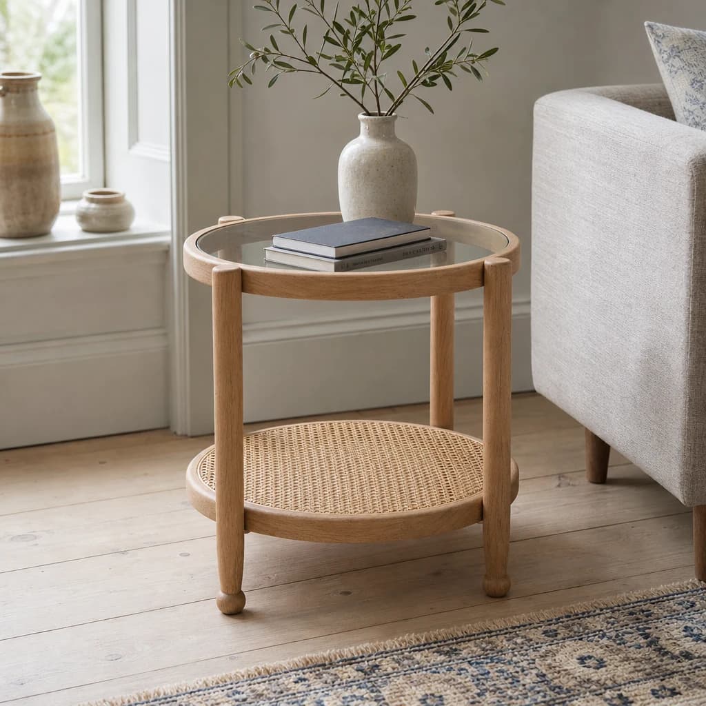 Cebu Natural Cane and Grey Wash Elm Wood Side Table - Tables, photo 1 of 8