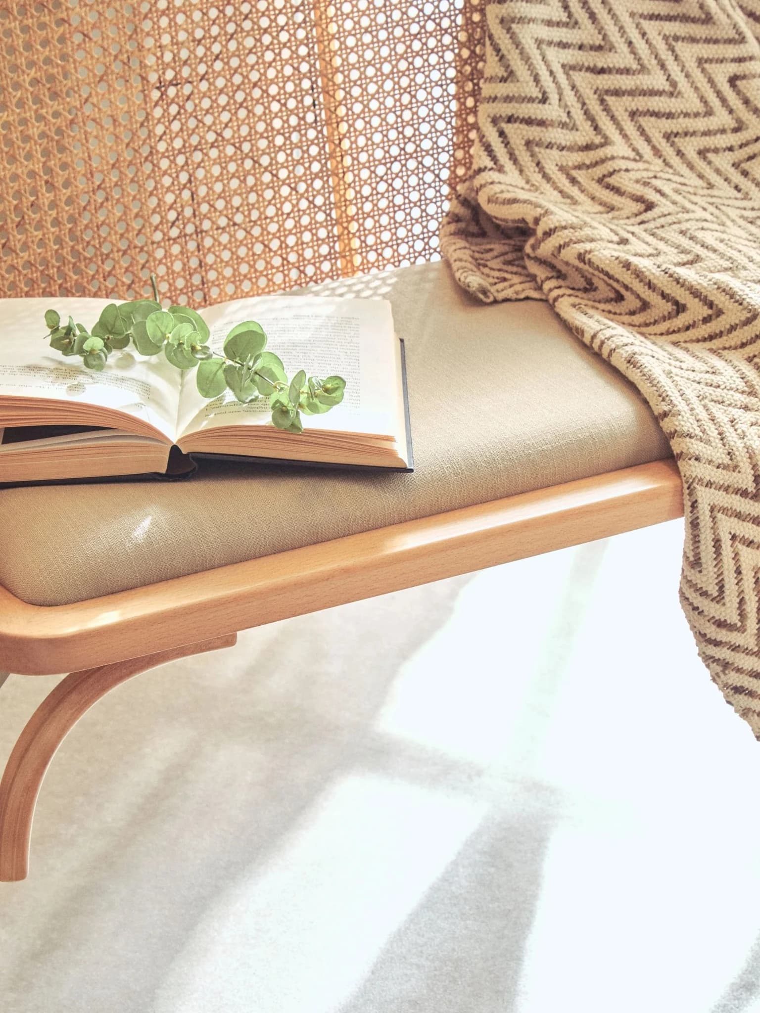 Cebu Natural Cane and Beech Wood Bench with Backrest - Seating, photo 2 of 8