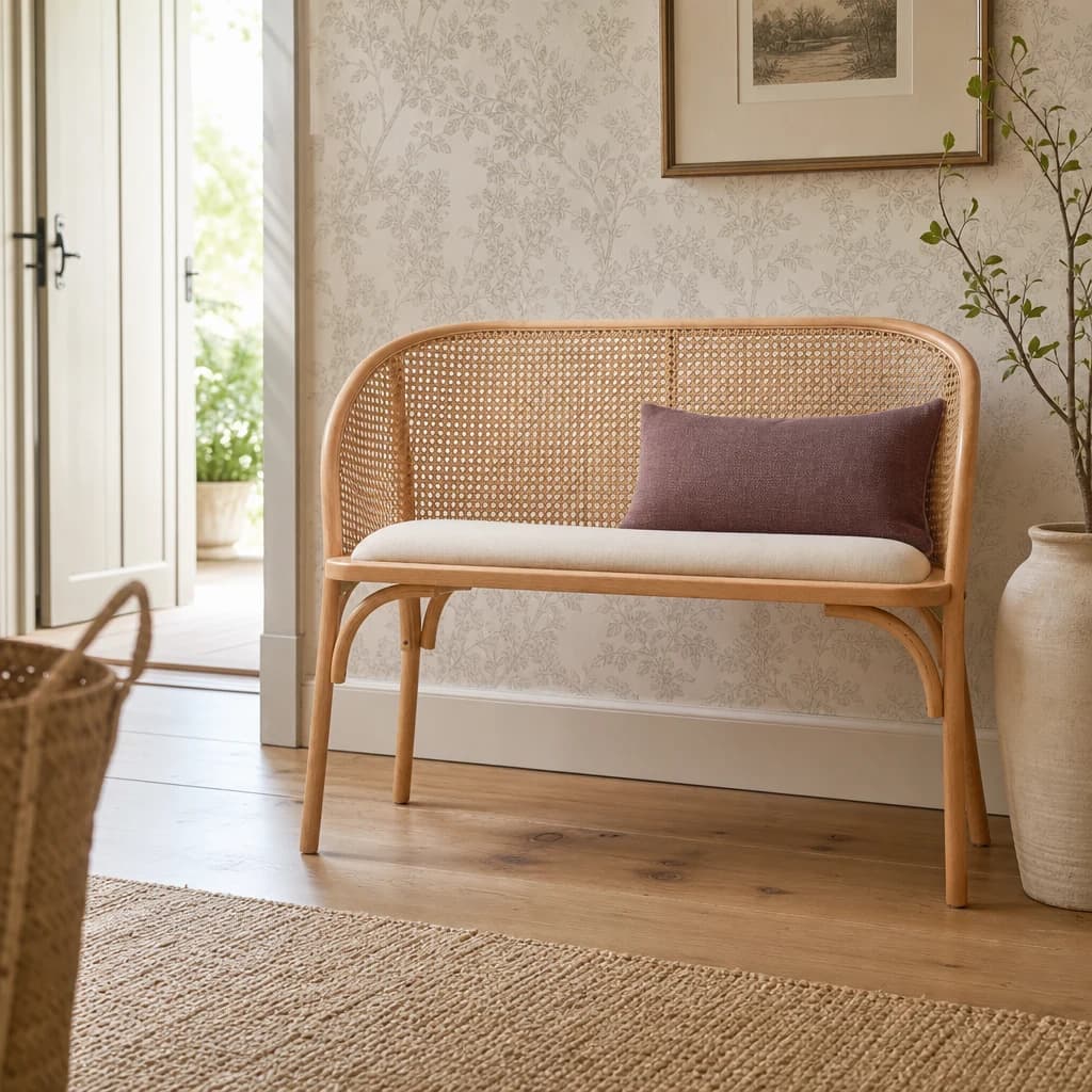 Cebu Natural Cane and Beech Wood Bench with Backrest - Seating, photo 1 of 8
