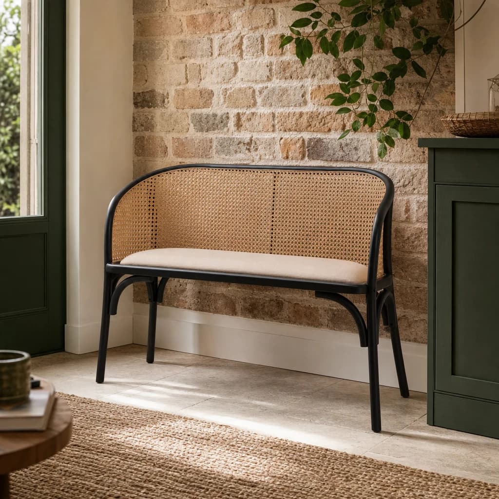 Cebu Natural Cane Bench with Black Beech Wood Frame - Seating, photo 1 of 8