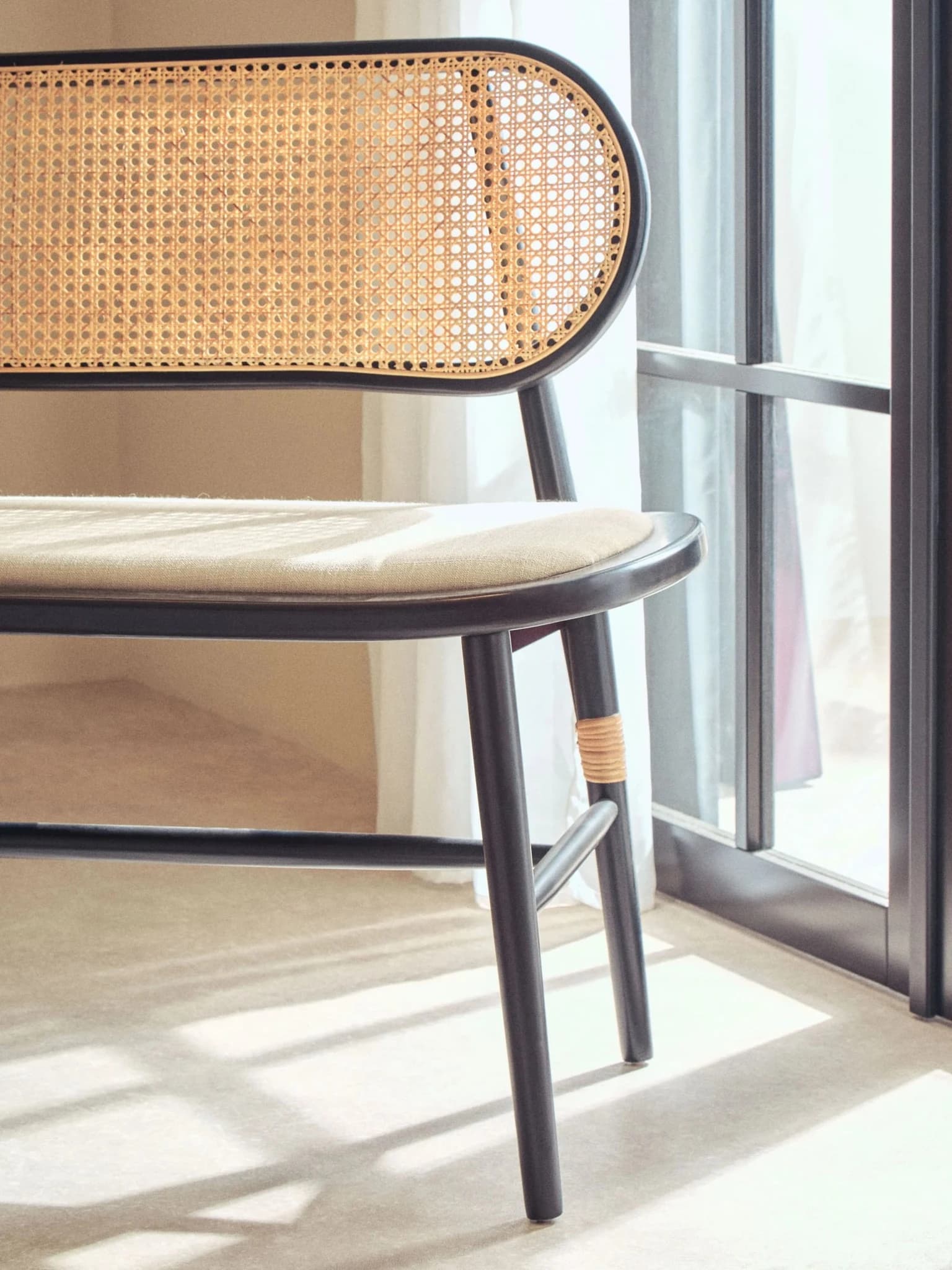 Cebu Natural Cane Bench with Black Elm Wood Frame - Seating, photo 3 of 8