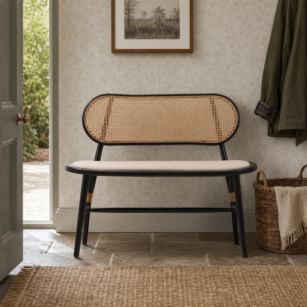 Cebu Natural Cane Bench with Black Elm Wood Frame - Seating, photo 1 of 8