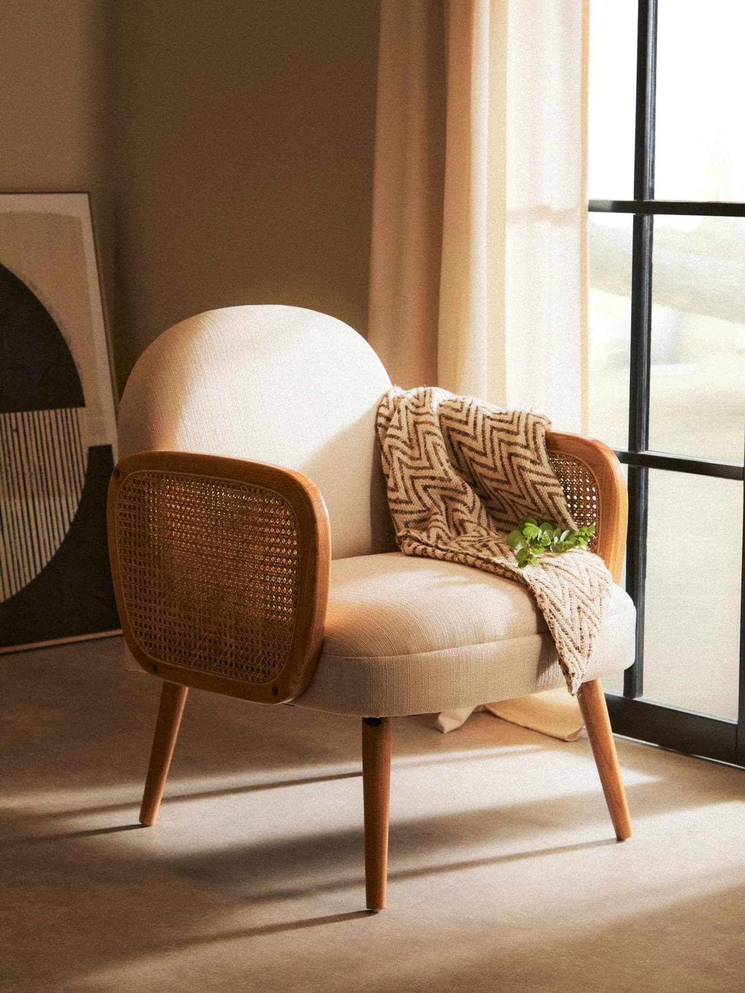 Cebu Ivory Fabric and Cane Chair with Elm Wood Legs - Seating, photo 5 of 8