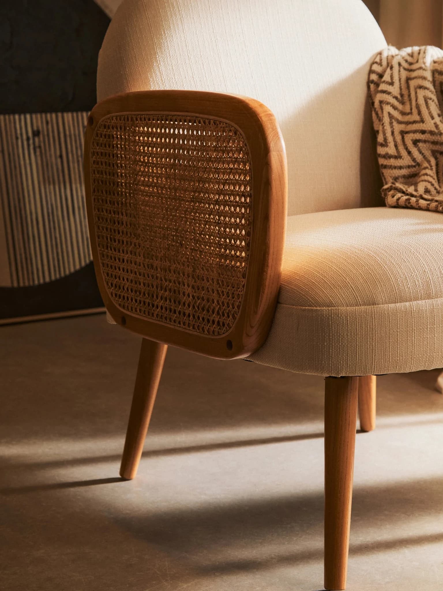 Cebu Ivory Fabric and Cane Chair with Elm Wood Legs - Seating, photo 4 of 8