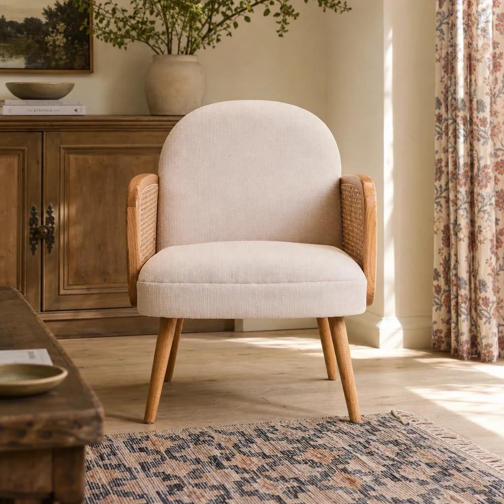 Cebu Ivory Fabric and Cane Chair with Elm Wood Legs - Seating, photo 1 of 8
