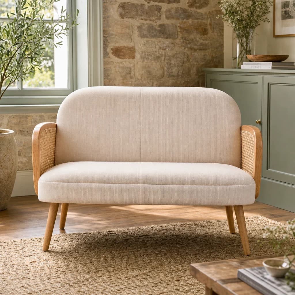 Cebu Ivory Fabric and Cane 2 Seat Sofa with Elm Wood Legs - Seating, photo 1 of 8