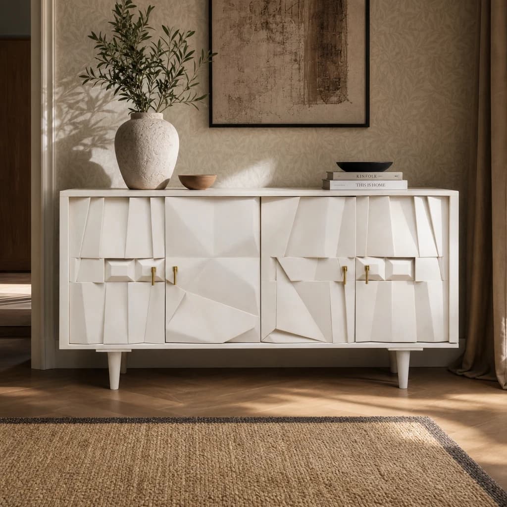 Sita Four Door Whitewash Mango Wood Abstract Sideboard - Bookcases & shelving, photo 1 of 8