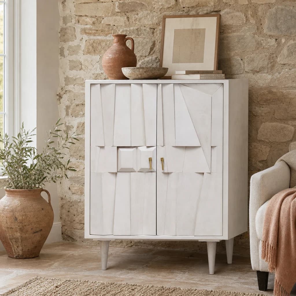 Sita Two Door Whitewash Mango Wood Abstract Cabinet - Bookcases & shelving, photo 1 of 8