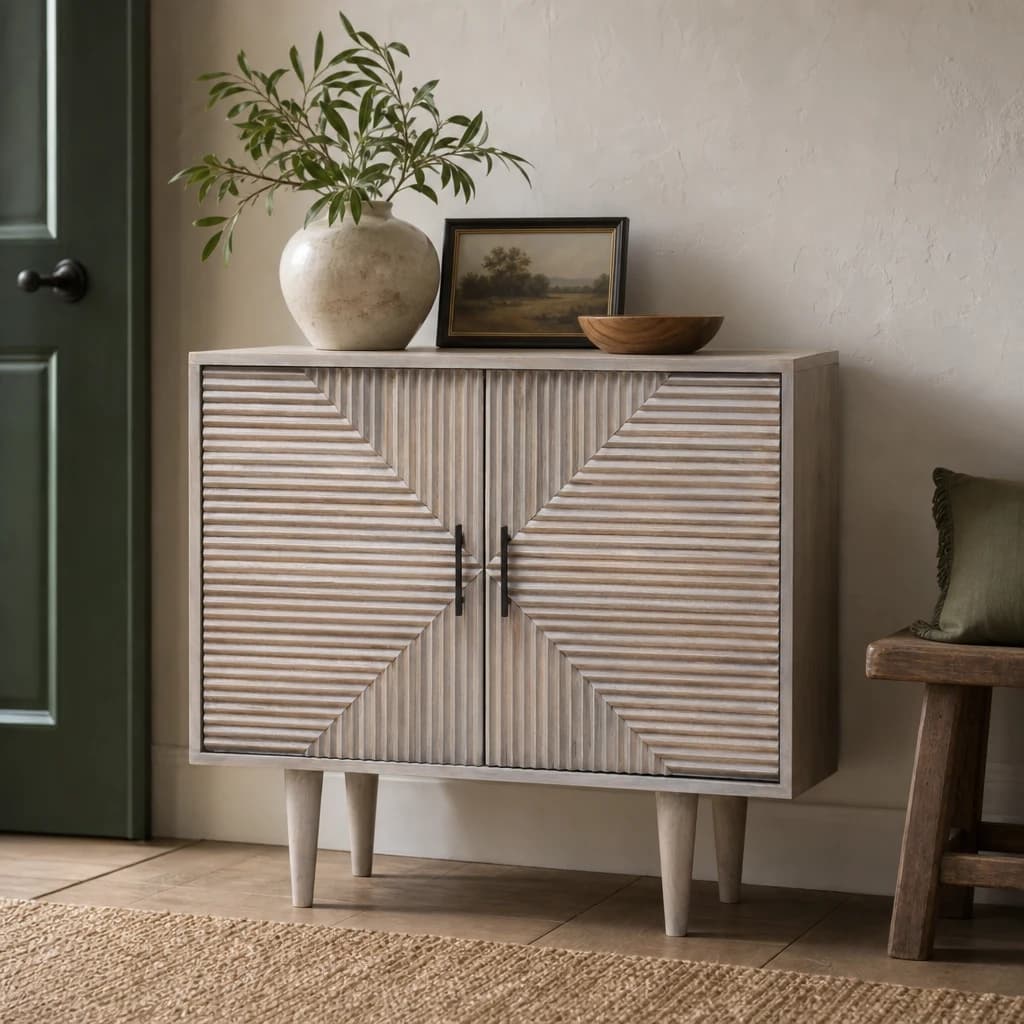 Satna Two Door Greywash Carved Mango Wood Sideboard - Bookcases & shelving, photo 1 of 8