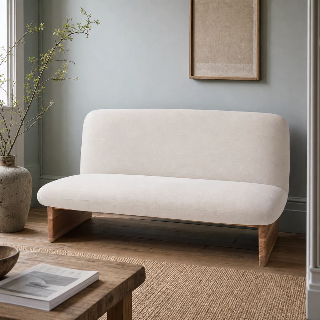 Parova Cream Linen Textured 2 Seater Armless Sofa With Wood Base - Seating, photo 1 of 8