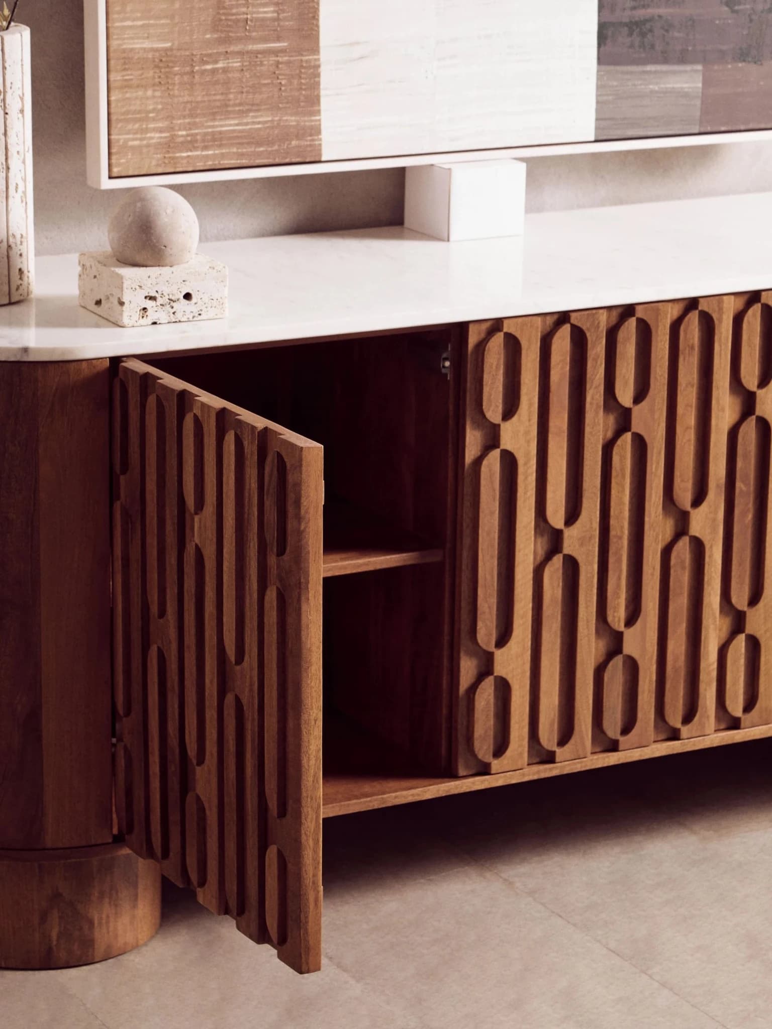 Torcino Mango Wood Carved Design Marble Top Three Door Sideboard - Bookcases & shelving, photo 8 of 8