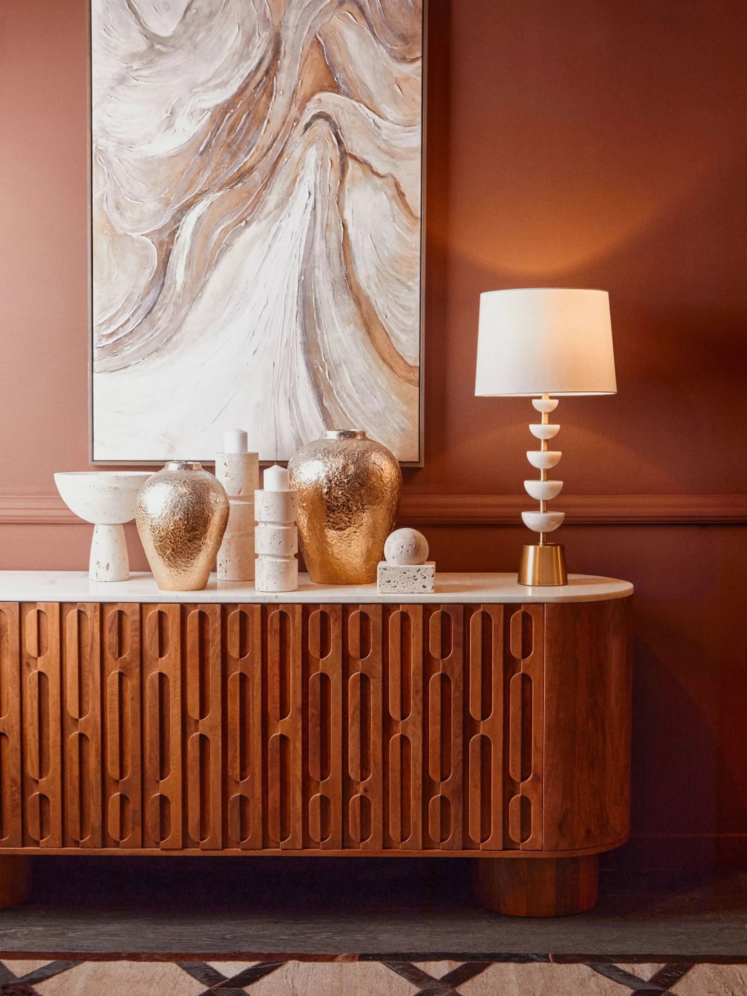 Torcino Mango Wood Carved Design Marble Top Three Door Sideboard - Bookcases & shelving, photo 4 of 8