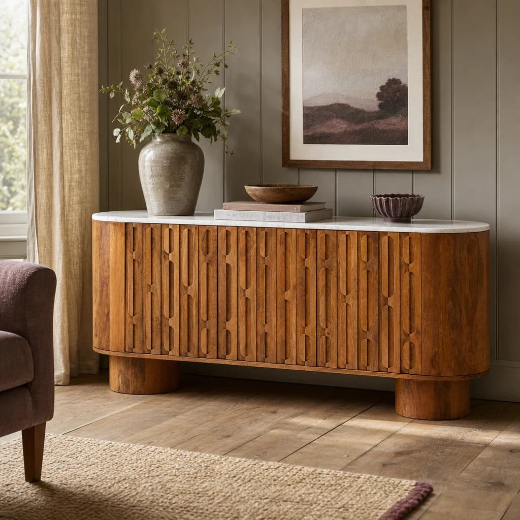 Torcino Mango Wood Carved Design Marble Top Three Door Sideboard - Bookcases & shelving, photo 1 of 8