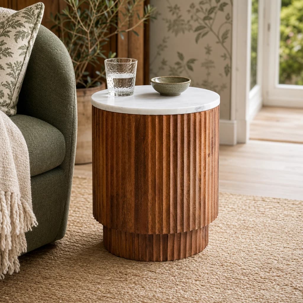 Torcino Mango Wood Carved Design Marble Top Side Table - Tables, photo 1 of 4