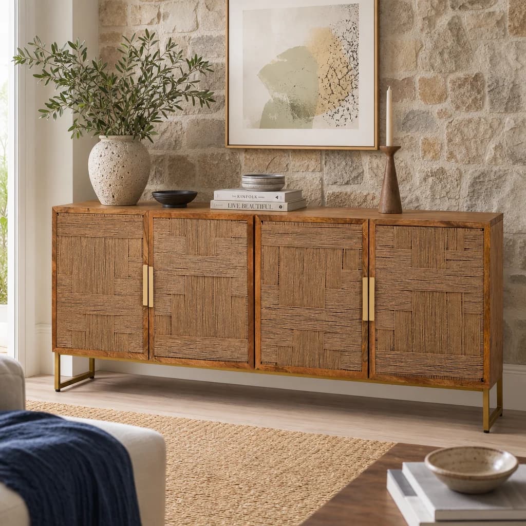 Teora Mango Wood Paper Rope Detail Four Door Sideboard - Bookcases & shelving, photo 1 of 8