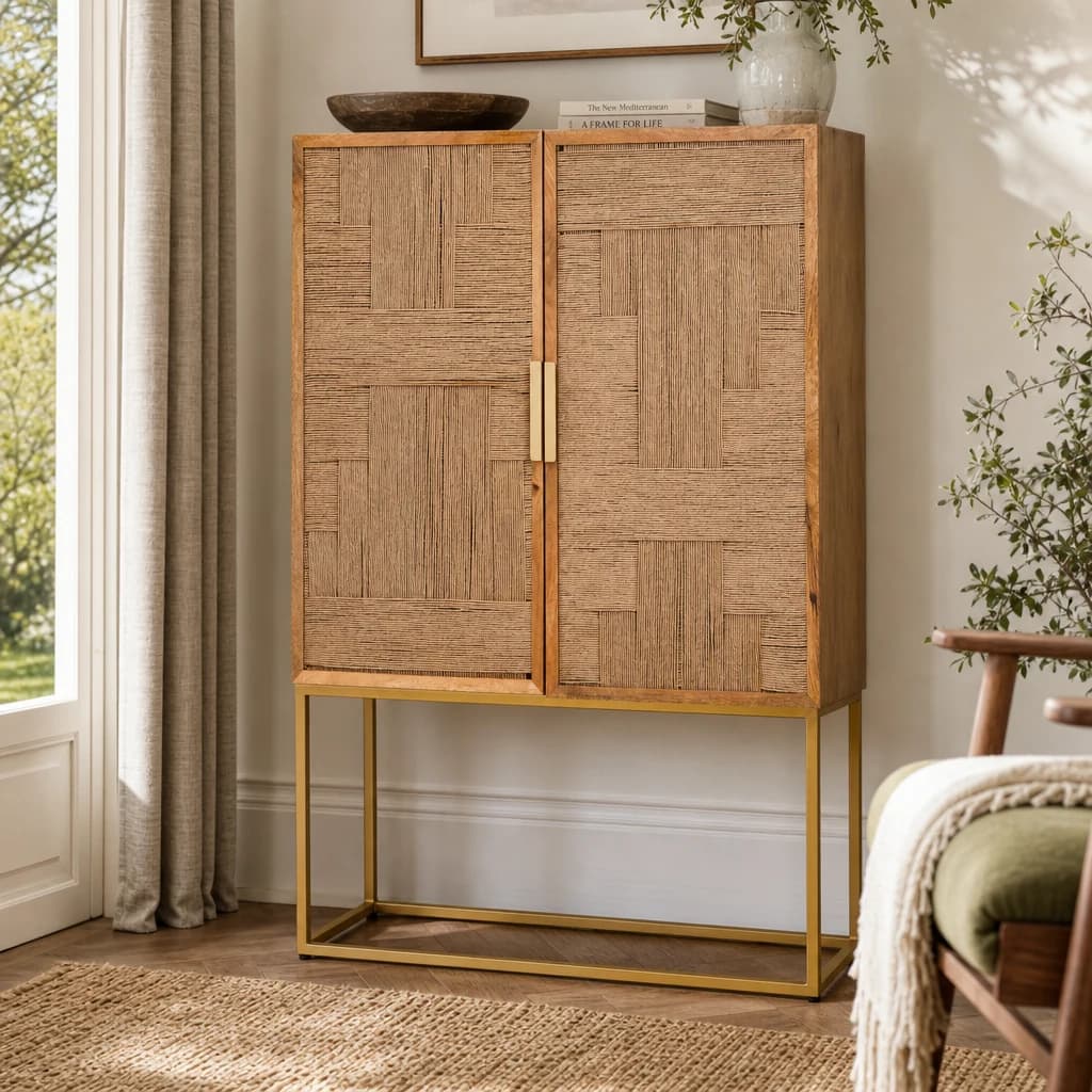 Teora Paper Rope Detail Two Door Mango Wood Cabinet - Bookcases & shelving, photo 1 of 8