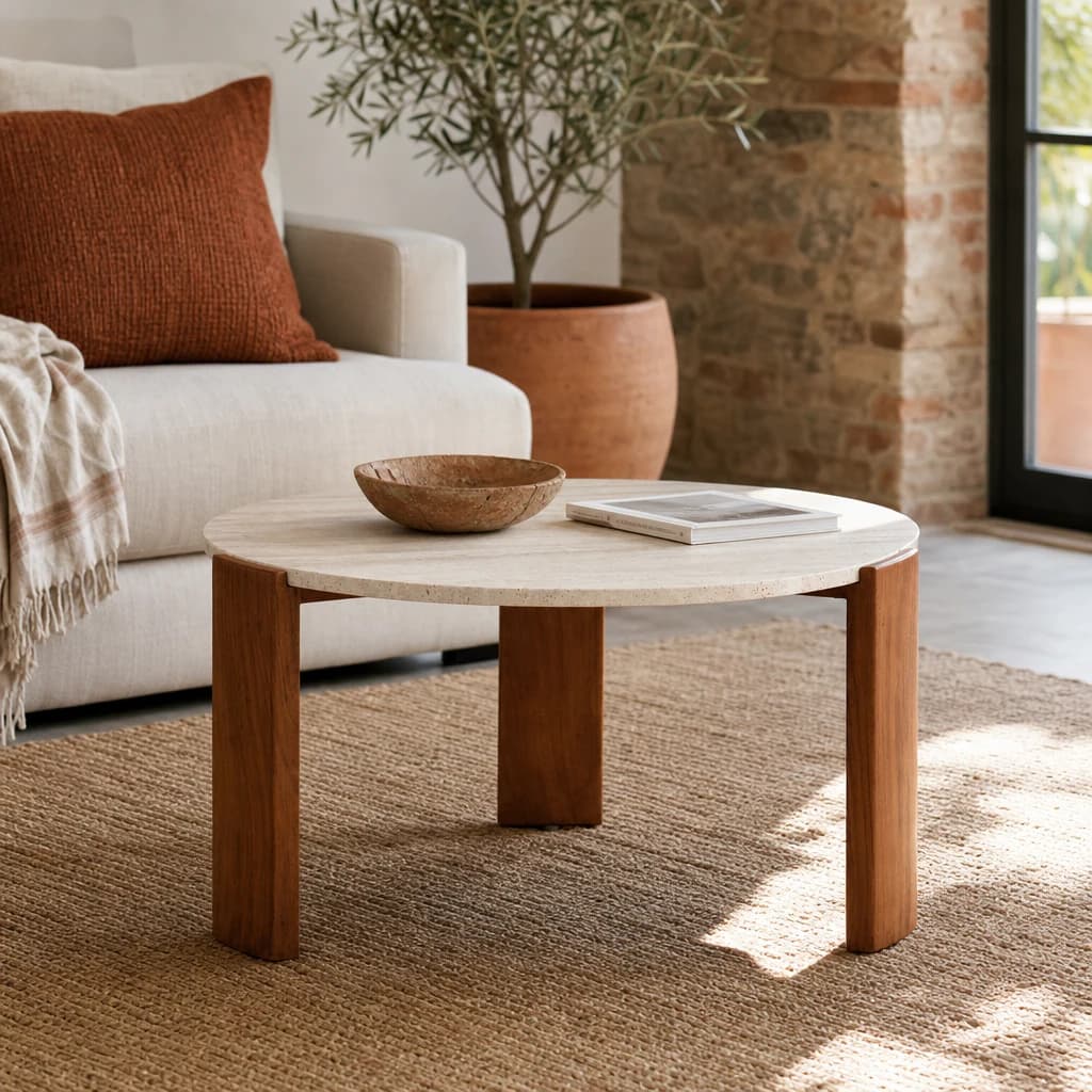 Palermo Travertine and Acacia Wood Large Coffee Table - Tables, photo 1 of 8