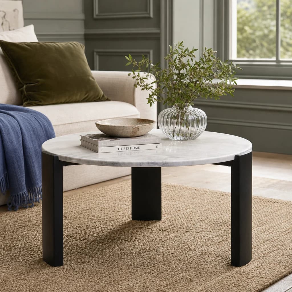 Palermo White Marble and Black Acacia Wood Large Coffee Table - Tables, photo 1 of 8