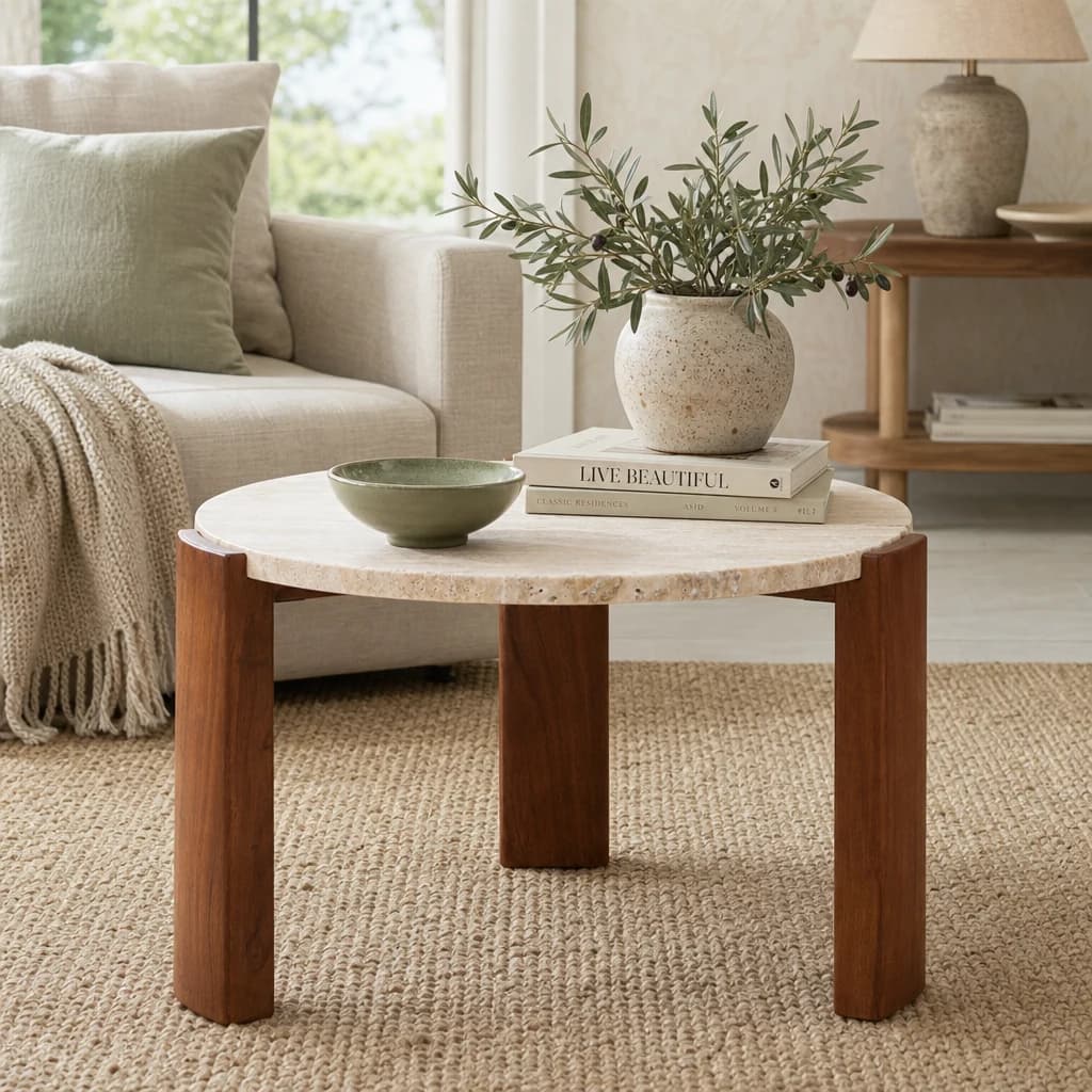Palermo Travertine and Acacia Wood Small Coffee Table - Tables, photo 1 of 8