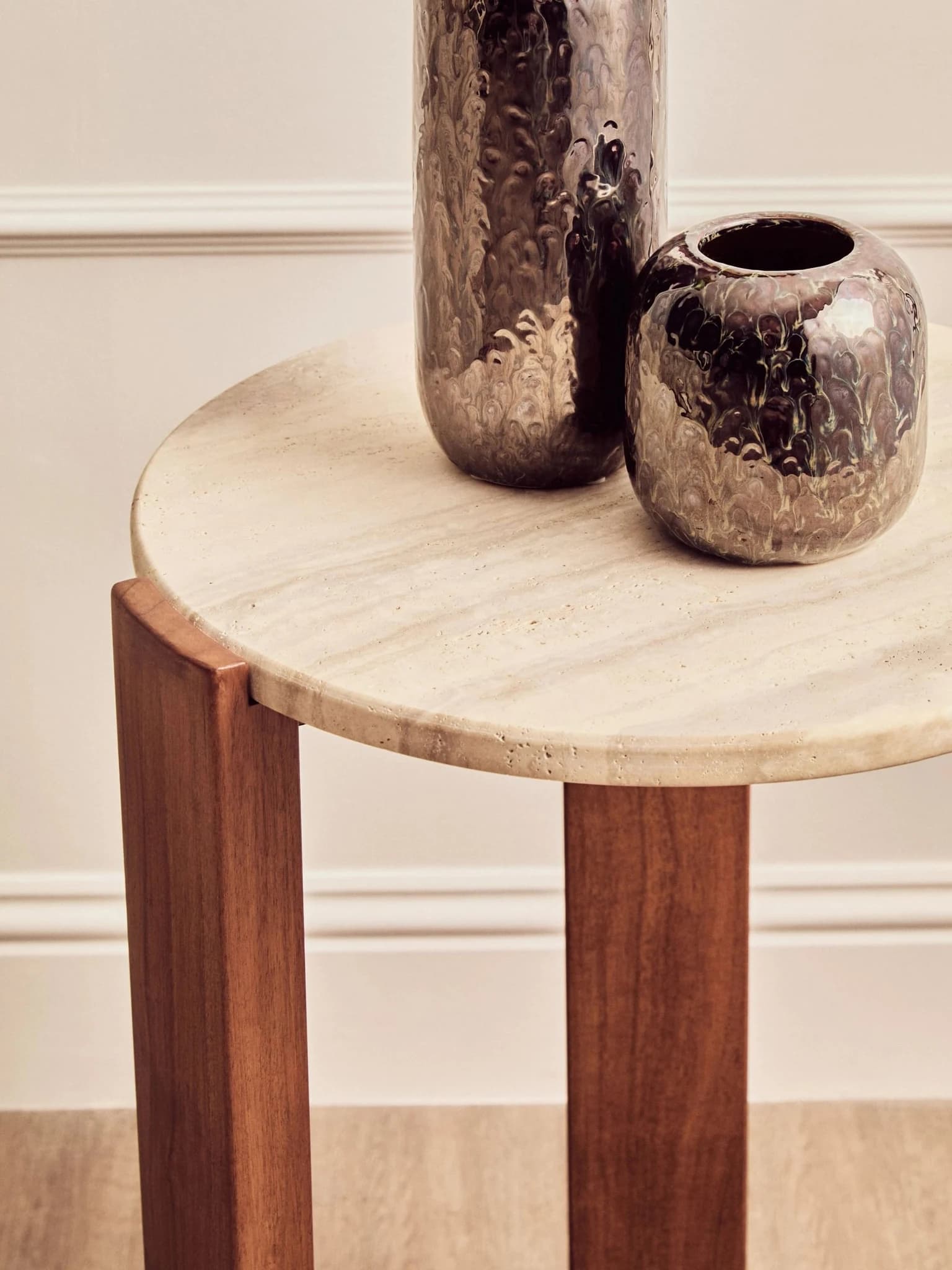 Palermo Travertine and Acacia Wood Side Table - Tables, photo 5 of 8