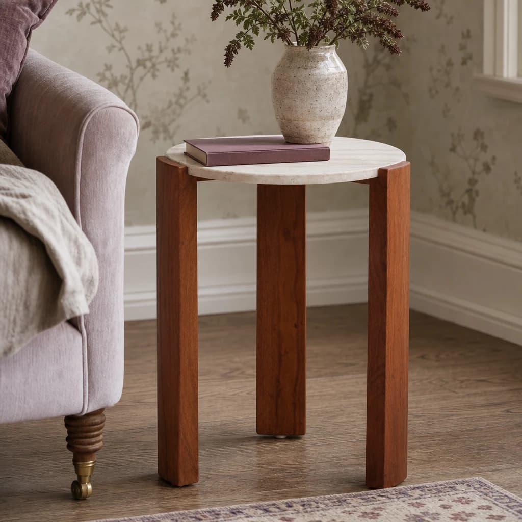 Palermo Travertine and Acacia Wood Side Table - Tables, photo 1 of 8