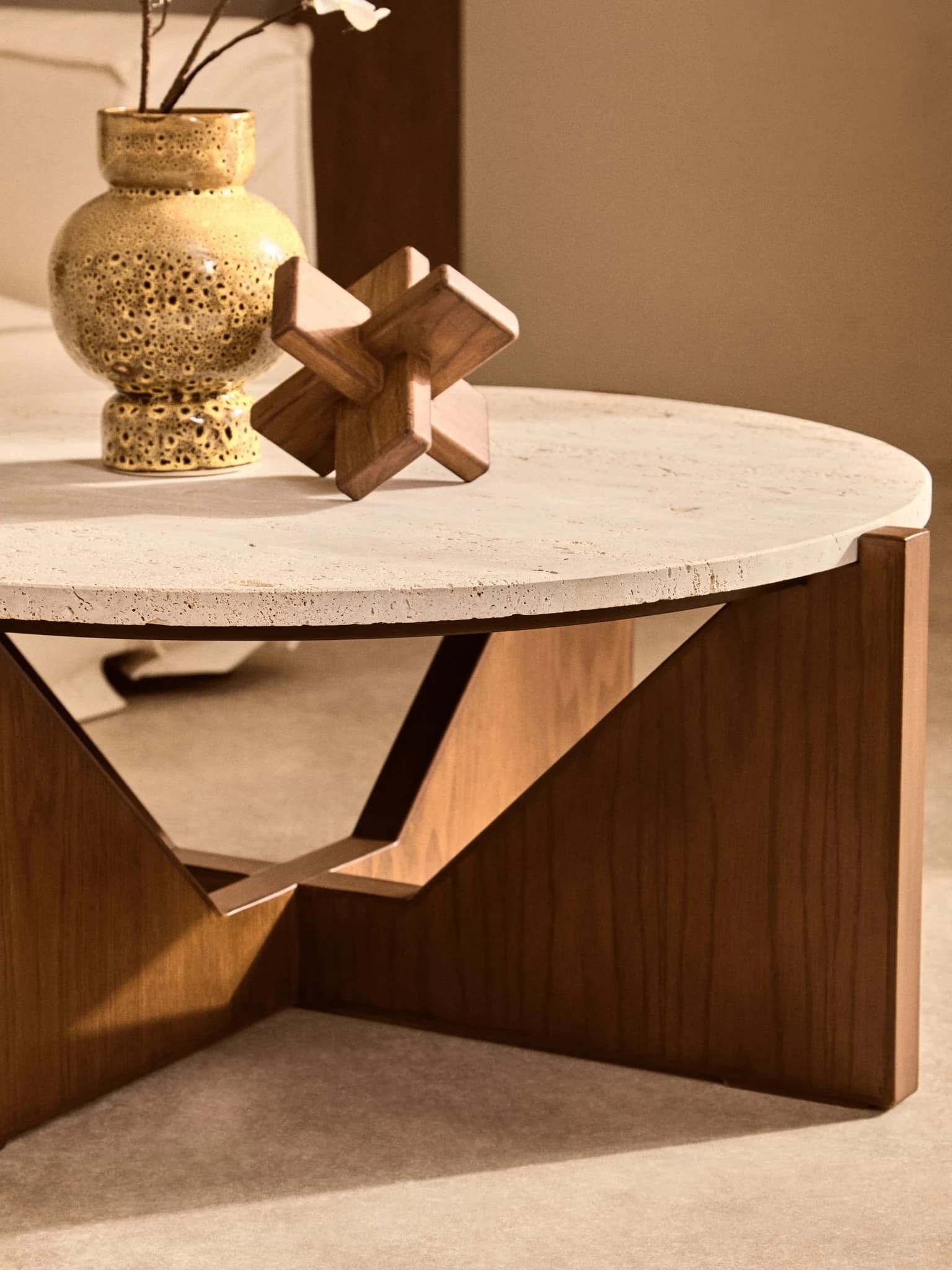 Winton Travertine Top Coffee Table With Acacia Wood Frame - Tables, photo 5 of 8