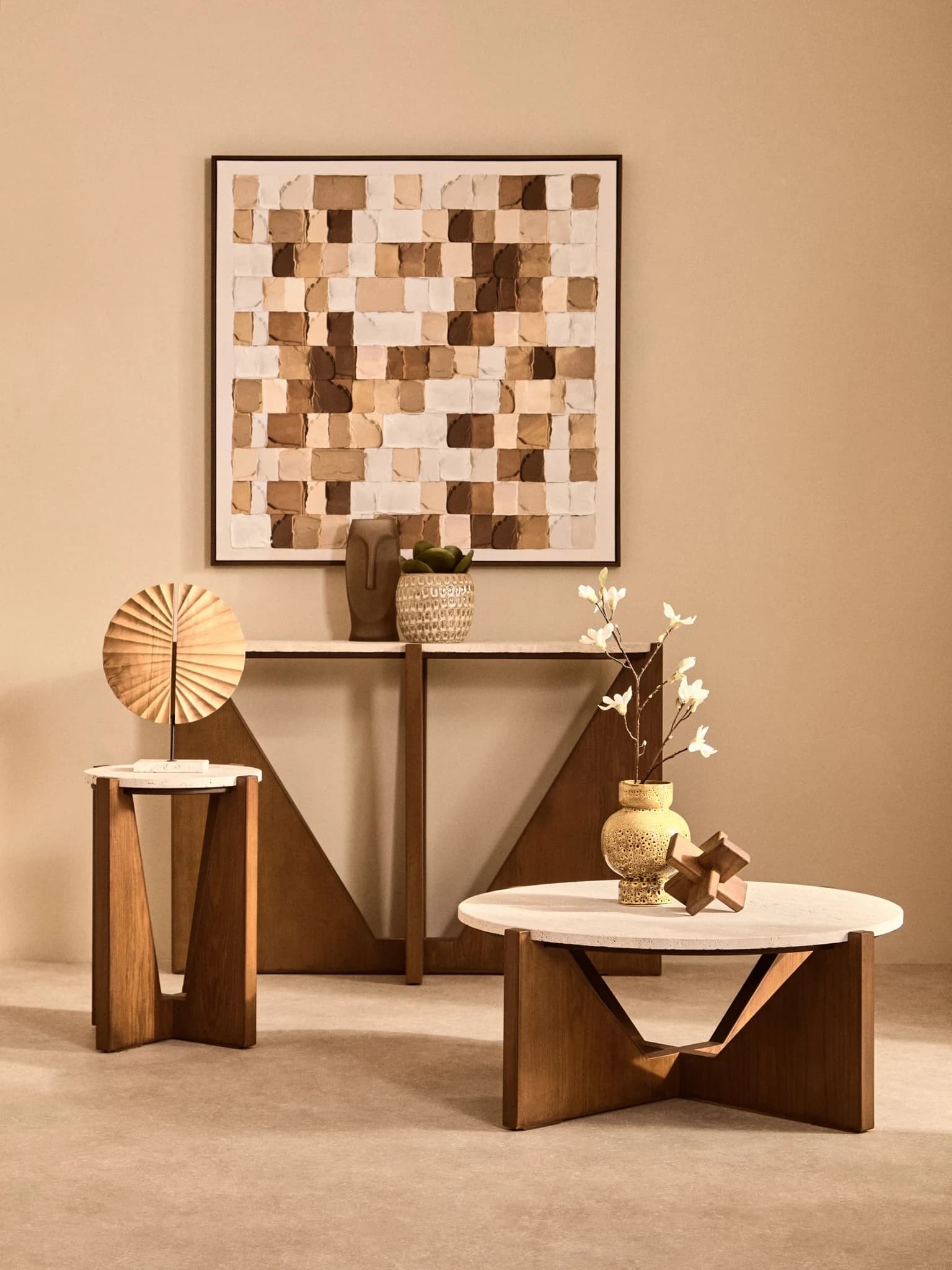 Winton Travertine Top Coffee Table With Acacia Wood Frame - Tables, photo 3 of 8