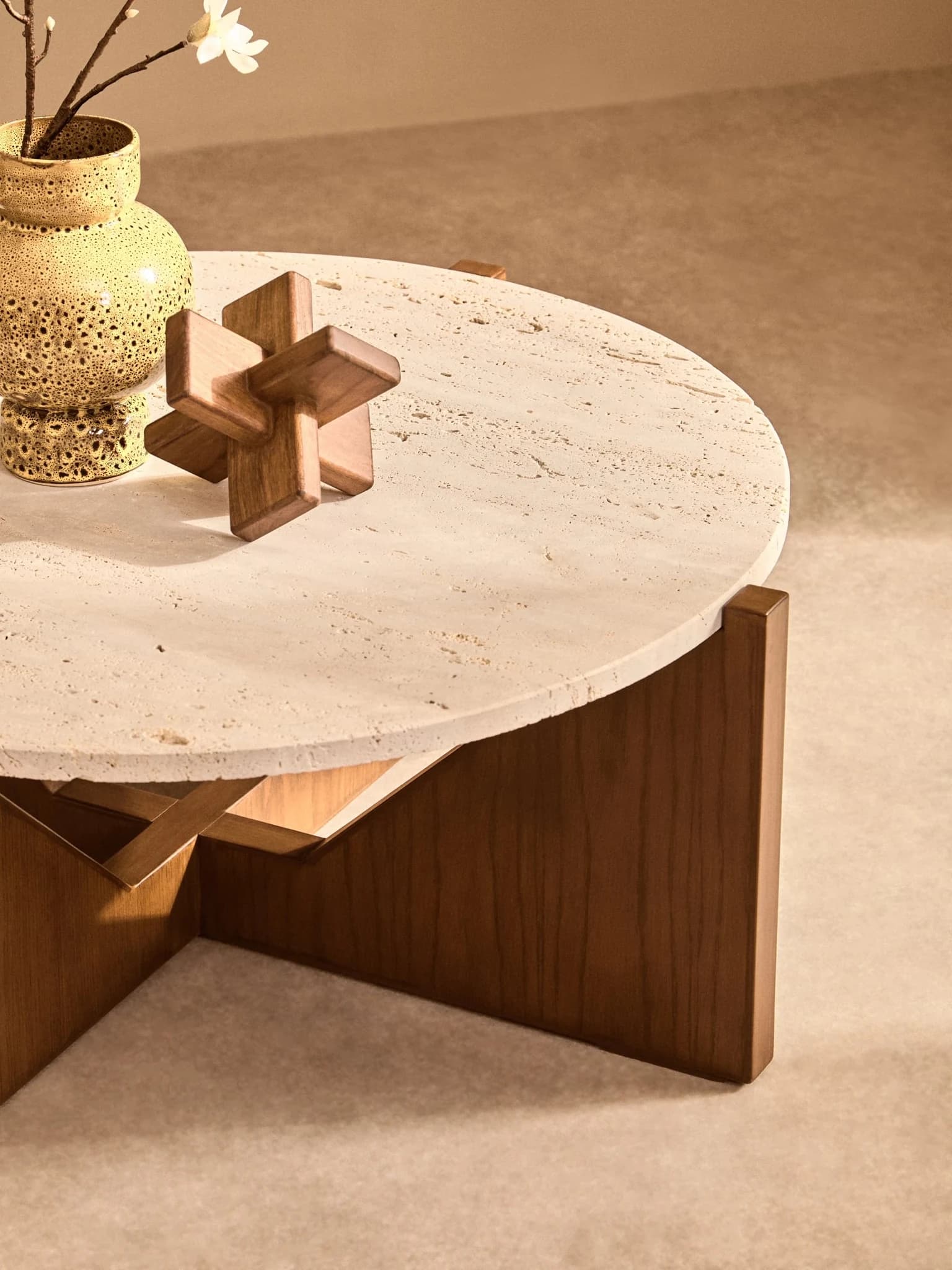 Winton Travertine Top Coffee Table With Acacia Wood Frame - Tables, photo 2 of 8