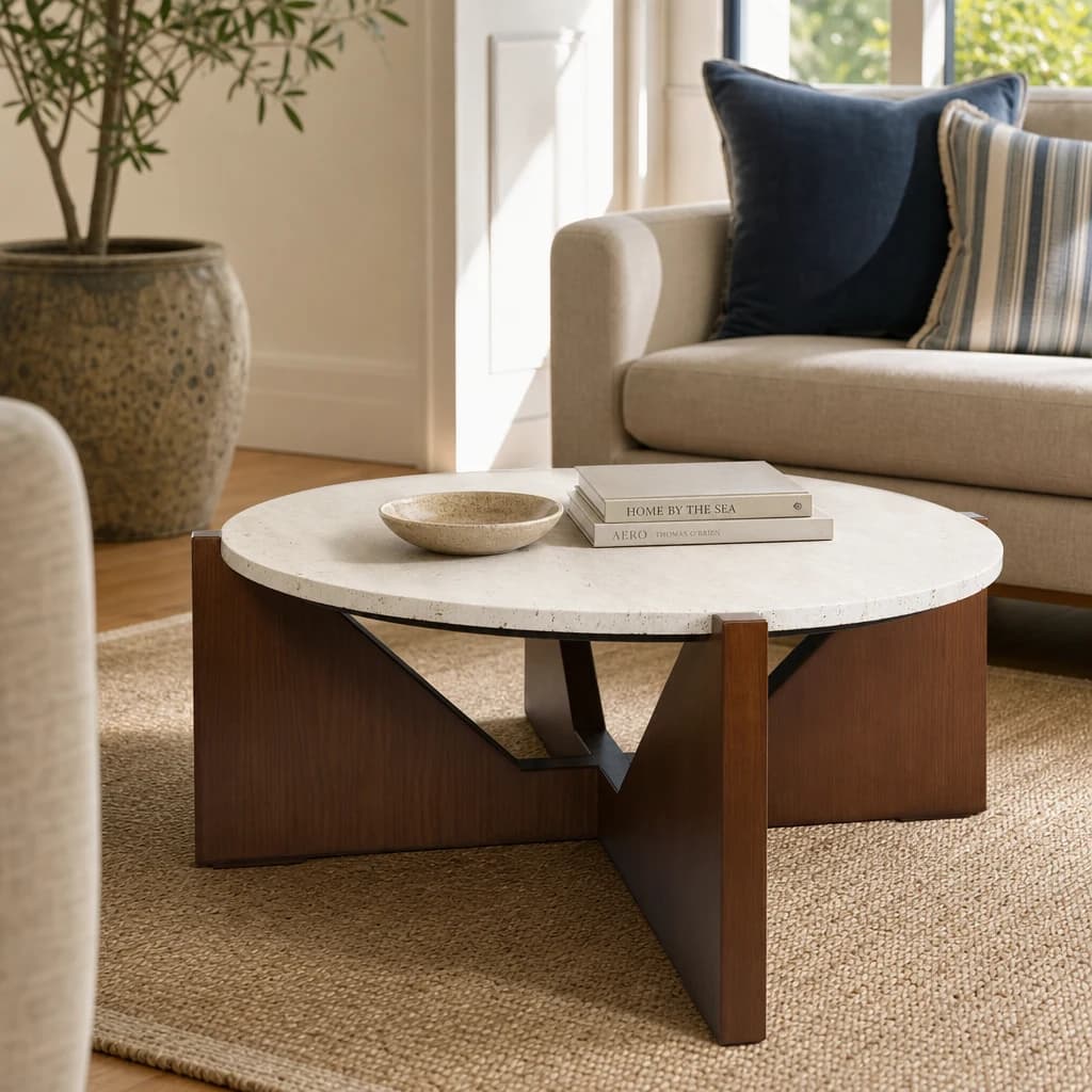 Winton Travertine Top Coffee Table With Acacia Wood Frame - Tables, photo 1 of 8