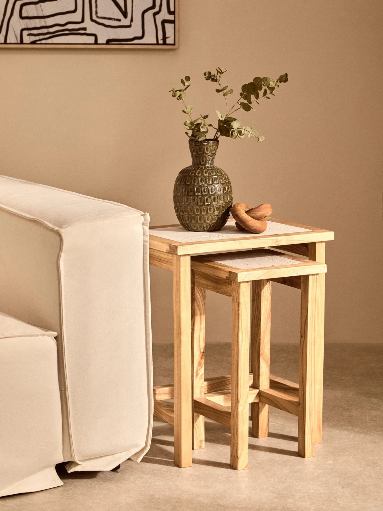 Womad Small Set Of 2 Wooden Side Tables With Travertine Tops - Tables, photo 6 of 8