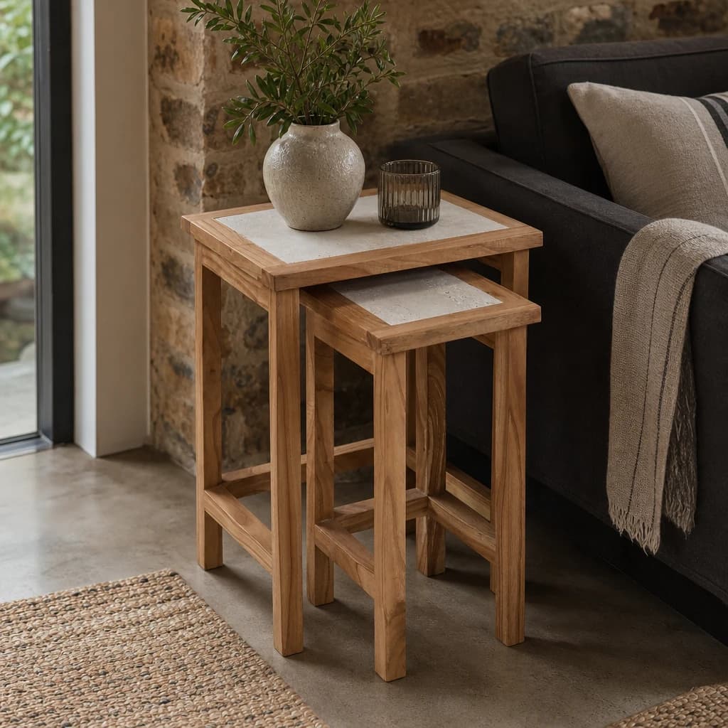 Womad Small Set Of 2 Wooden Side Tables With Travertine Tops - Tables, photo 1 of 8
