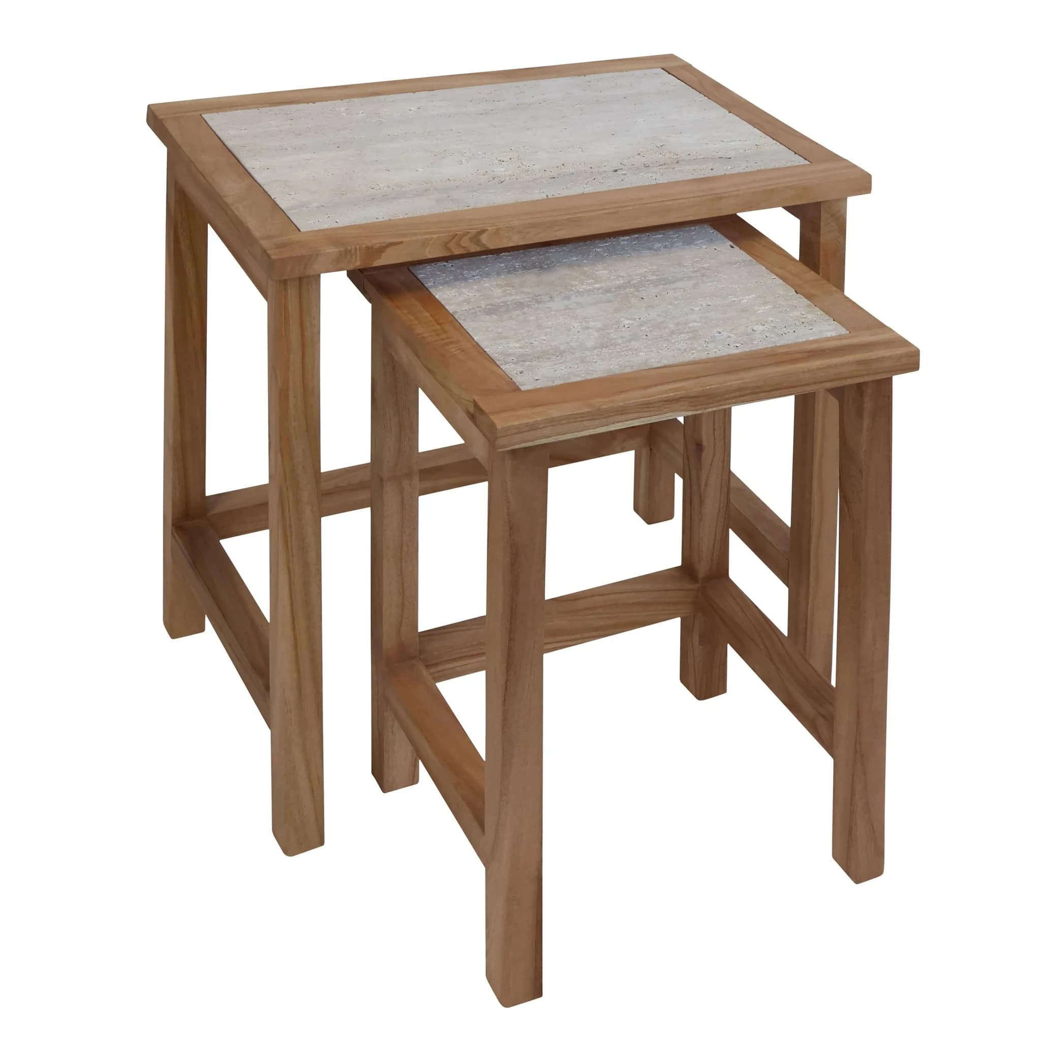 Womad Large Set Of 2 Wooden Side Tables With Travertine Tops - Tables, photo 6 of 8
