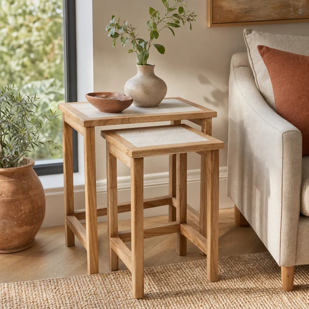 Womad Large Set Of 2 Wooden Side Tables With Travertine Tops - Tables, photo 1 of 8