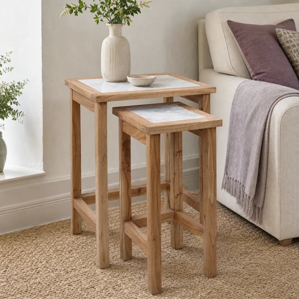 Womad Small Set Of 2 Wooden Side Tables With White Marble Tops - Tables, photo 1 of 8
