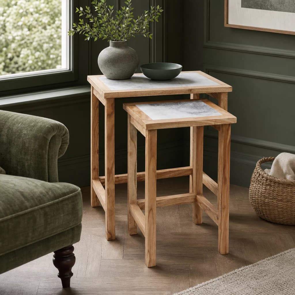 Womad Large Set Of 2 Wooden Side Tables With White Marble Tops - Tables, photo 1 of 8