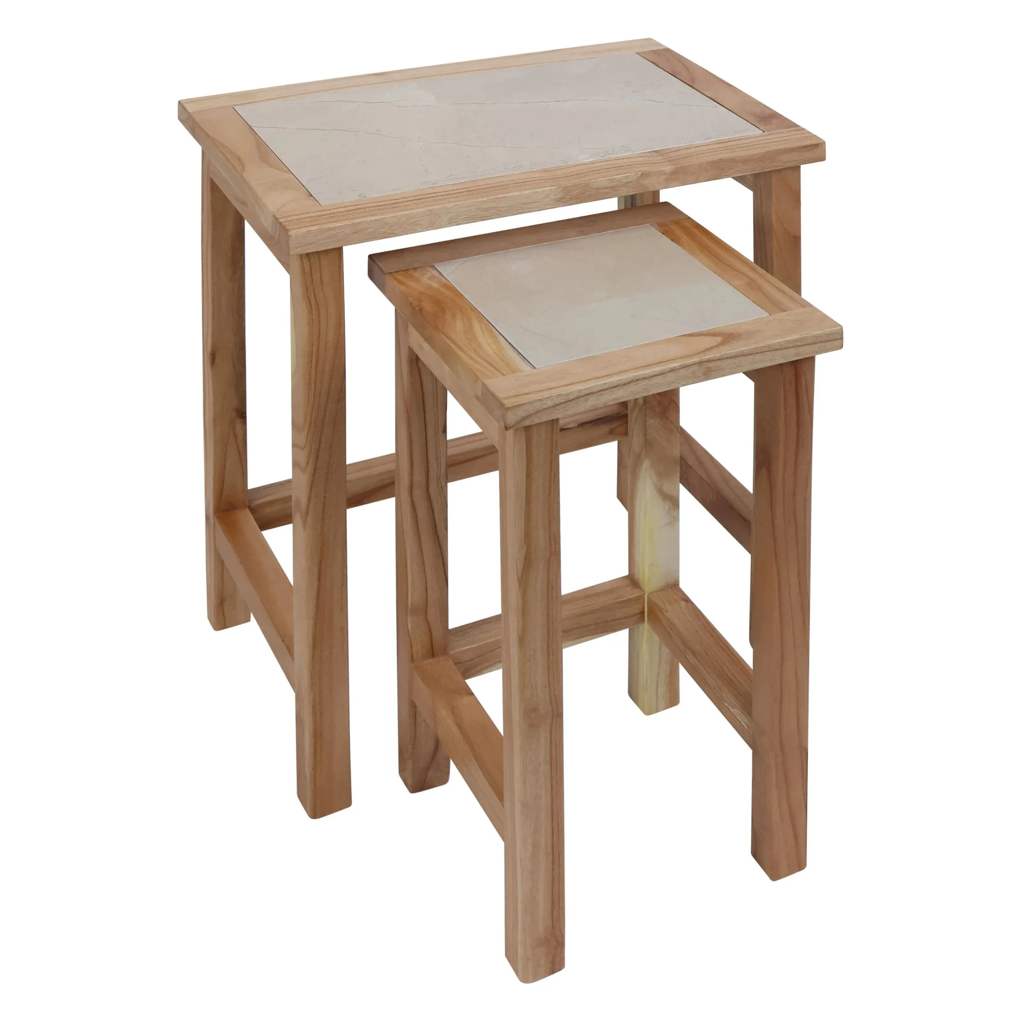Womad Small Set Of 2 Wooden Side Tables With Cream Marble Tops - Tables, photo 5 of 8
