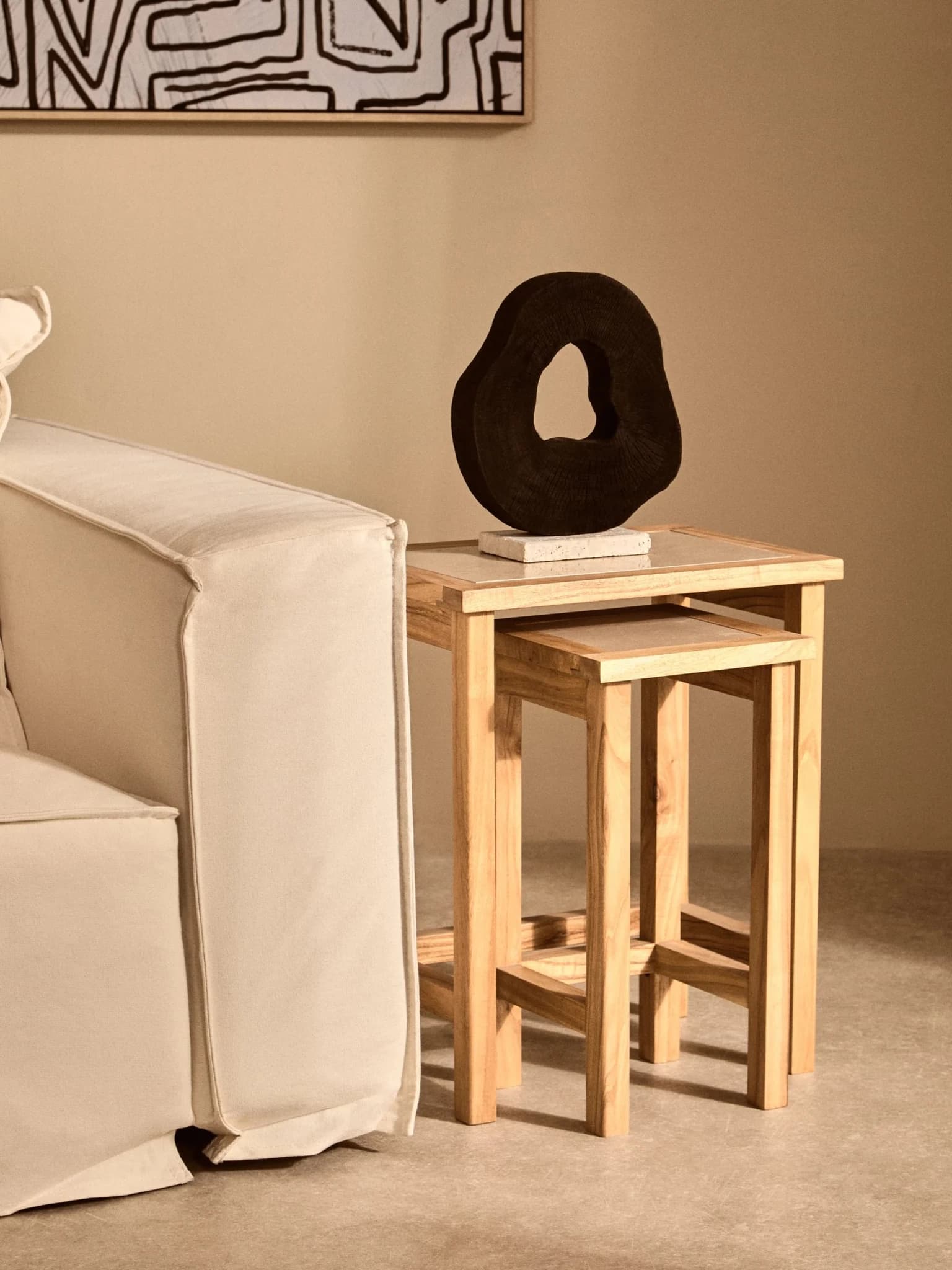 Womad Small Set Of 2 Wooden Side Tables With Cream Marble Tops - Tables, photo 4 of 8