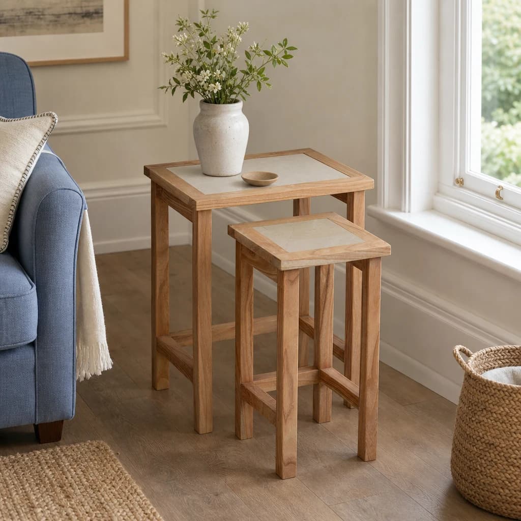 Womad Small Set Of 2 Wooden Side Tables With Cream Marble Tops - Tables, photo 1 of 8