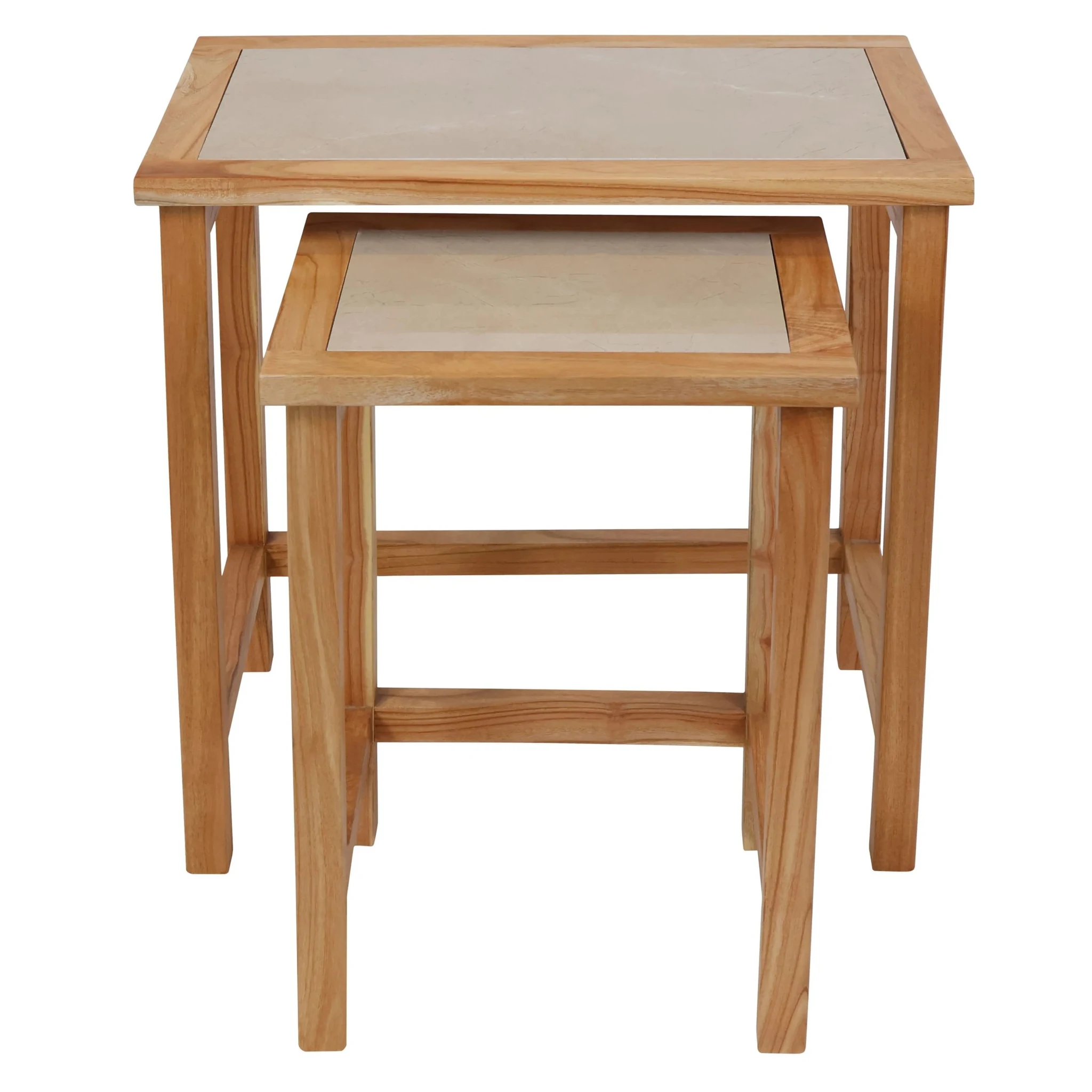 Womad Large Set Of 2 Wooden Side Tables With Cream Marble Tops - Tables, photo 6 of 8